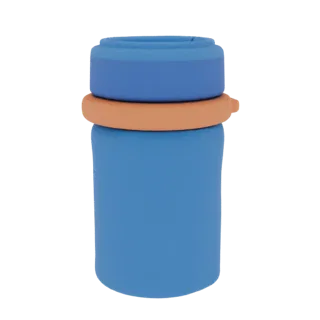 Modello 3D contenitore cilindrico blu con anello arancione e anello per portachiavi, vista frontale