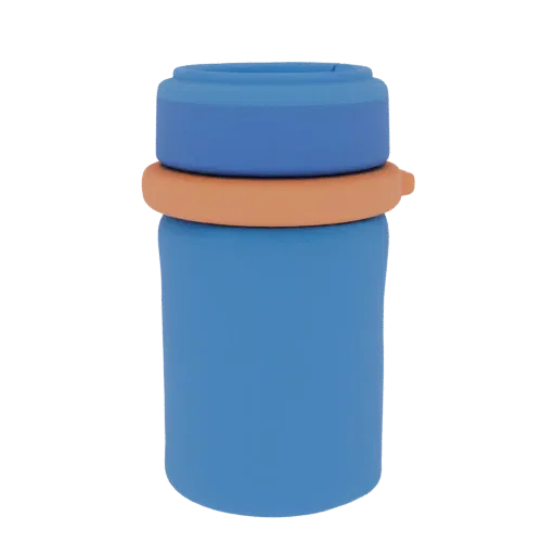 3D model blue cylindrical container with orange ring and keychain loop, front view