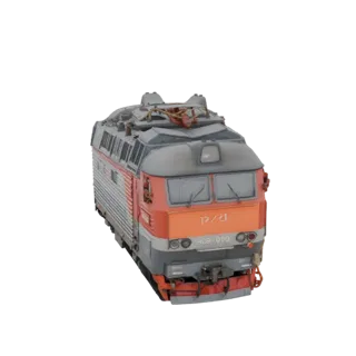 Front view of a detailed 3D model of the Russian VEP2K-080 electric locomotive, featuring orange and grey livery and roof pan