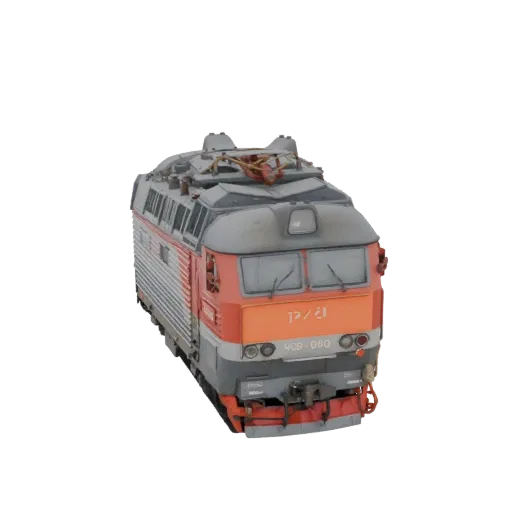Front view of a detailed 3D model of the Russian VEP2K-080 electric locomotive, featuring orange and grey livery and roof pan