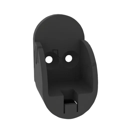Modelo 3D de um suporte de parede preto para um aspirador Dyson V11, mostrado contra um fundo branco.