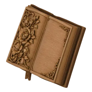 3D model of an open wooden book with intricate rose carvings on the left page and ornate borders on the right page.