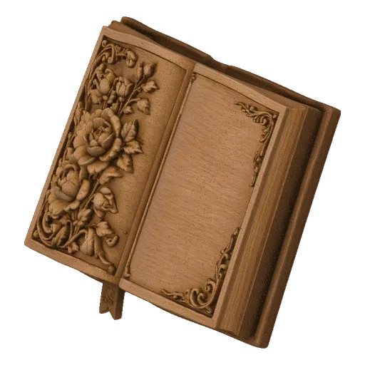 Modelo 3D de un libro de madera abierto con intrincados tallados de rosas en la página izquierda y bordes ornamentados en la