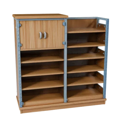 Industrial Bookshelf 3D model, dining room, three-quarter front view, Unity viewport, painted wood detail.