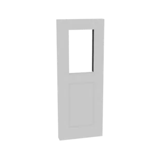 Modello 3D di una porta interna bianca moderna con una finestra rettangolare in vetro e un pannello incassato.