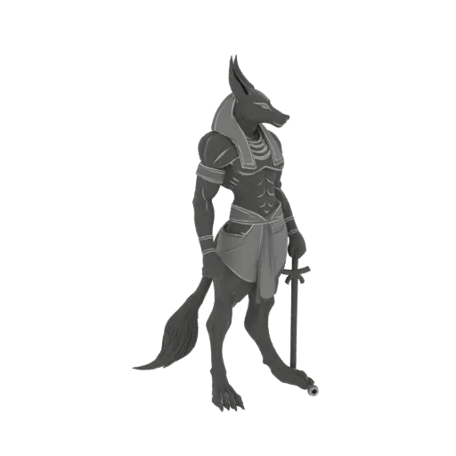 3D model of Anubis, the Egyptian god with a jackal head, standing stoically with a staff.