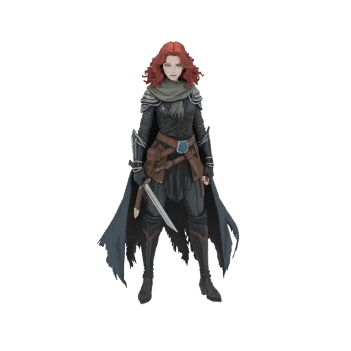 3D model of a red-haired female warrior with a dagger, wearing dark armor and a flowing cape, standing ready.