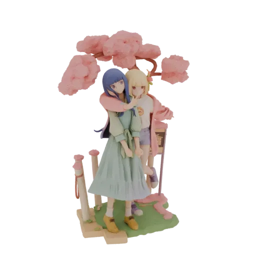 3D model of two anime girls hugging under a pink cherry blossom tree, standing on a green grassy base with a lantern.