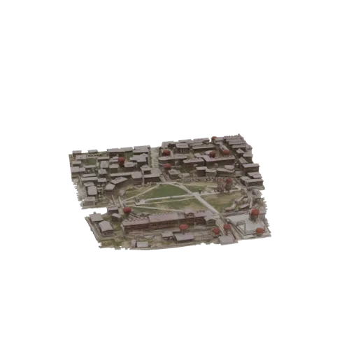 3D-Modell eines Innenhofs einer alten Stadt mit traditionellen Gebäuden und markanten pagodenartigen Dächern, aus der Vogelpe