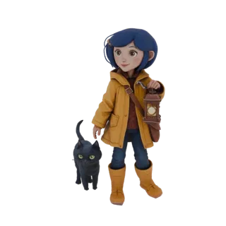 Modelo 3D de Coraline com sobretudo amarelo, segurando uma lanterna, com um gato preto ao seu lado.
