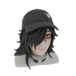 Modello 3D ragazza anime con capelli neri, cappellino nero con emblema bianco e occhi rossi, indossa top bianco con collare m
