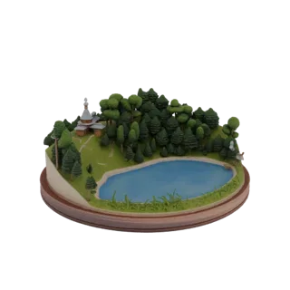 Modelo 3D de un diorama de bosque encantado con un lago azul, una pequeña capilla y árboles verdes frondosos sobre una base d