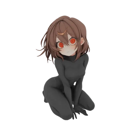 3D model of an anime girl with brown hair and red eyes, kneeling in a black bodysuit, presented on a white background.