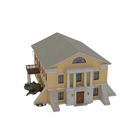 3D model of a neoclassical yellow mansion with a prominent balcony, classical columns, and arched windows, set against a blac