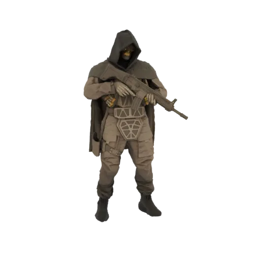 Rendu 3D d'un soldat squelette portant une cape à capuche et un équipement tactique, tenant un fusil, sur fond blanc.