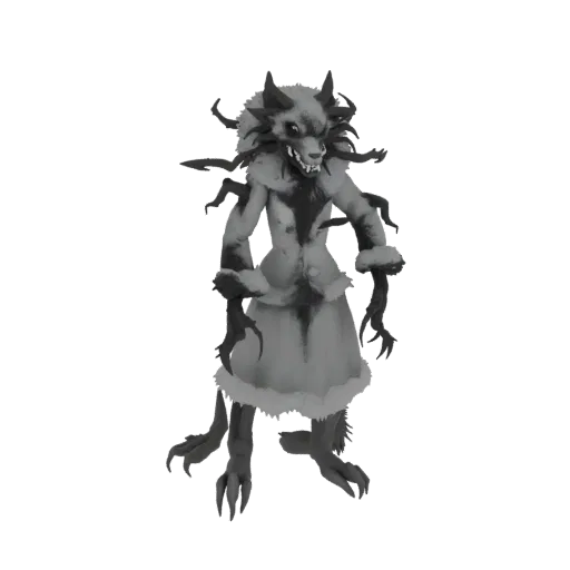 A grayscale 3D model of a gothic werewolf wearing a fur-trimmed coat, standing in a menacing pose with sharp claws extended.