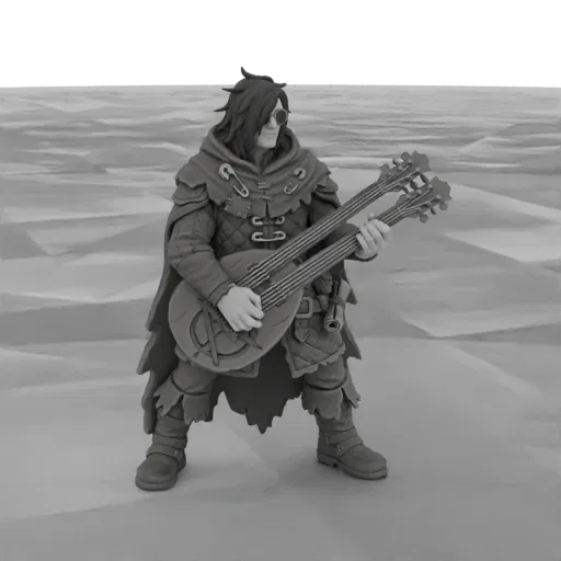 3D model of a fantasy bard with dark hair and goggles, wearing a hooded cloak and armor, playing a double-necked lute.