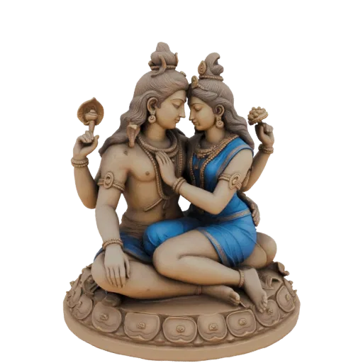 3D model of Lord Shiva and Goddess Parvati seated together on a lotus base, depicted in a serene and loving embrace.