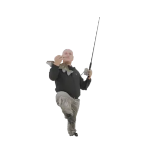 Modelo 3D de um pescador careca segurando um peixe e uma vara de pesca, com expressão triunfante.