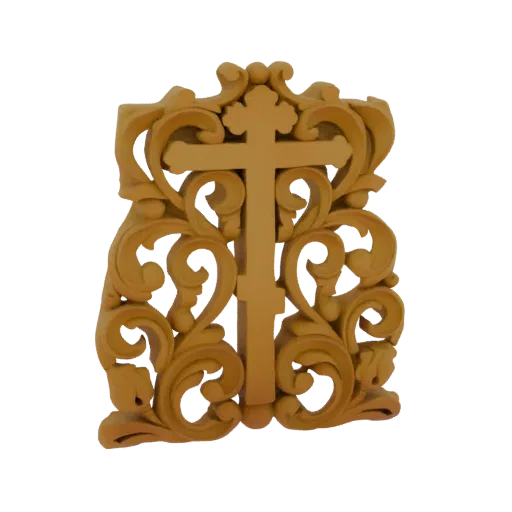 A 3D render of an ornate carved cross with detailed scrollwork and decorative flourishes, presented on a black background.