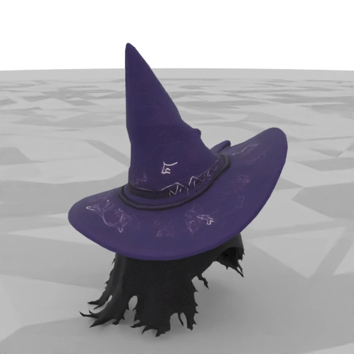 Dark Purple Witch Hat with Torn Veil and Runes