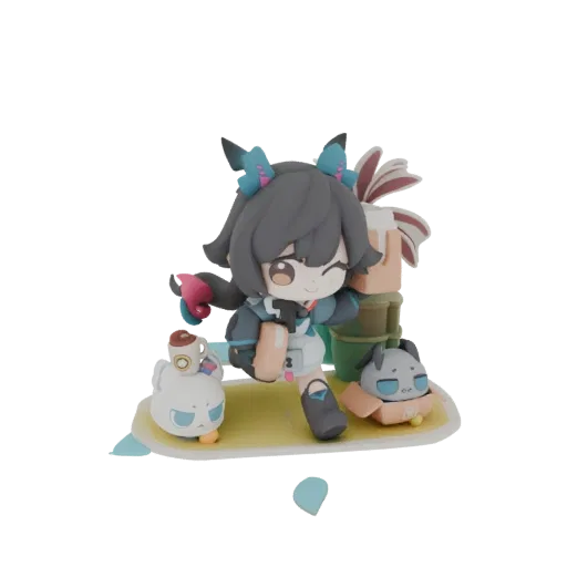 3D render of a chibi anime girl with black hair and blue accents, holding a coffee cup, with a white creature and a dog on a