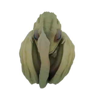 Modelo 3D de uma criatura alienígena verde pálido com grandes olhos azuis e uma probóscide longa, apresentado em um fundo bra