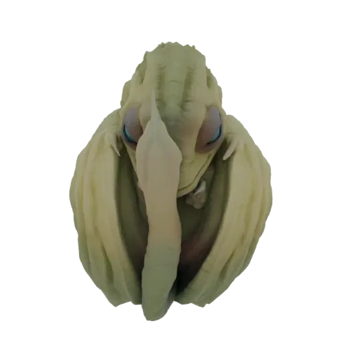 3D-Modell einer blassgrünen Alien-Kreatur mit großen blauen Augen und einem langen Rüssel, präsentiert auf weißem Hintergrund