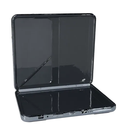 Foldable Gaming Phone High Poly 3D model, close-up studio render, showing glass screens, thin device proportions.