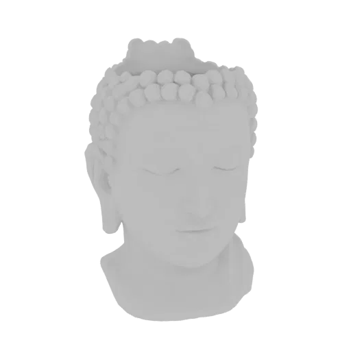 3D-Modell eines ruhigen Buddha-Kopfes als Pflanzer, mit geschlossenen Augen und einer Öffnung oben für Pflanzen.