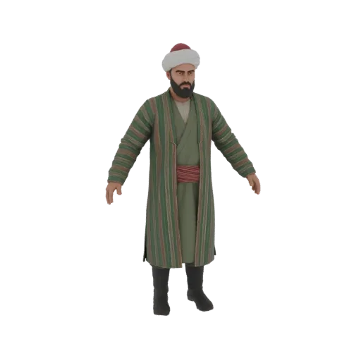3D model of a historical man wearing a green and brown striped robe, red sash, and a white and red turban, standing with arms