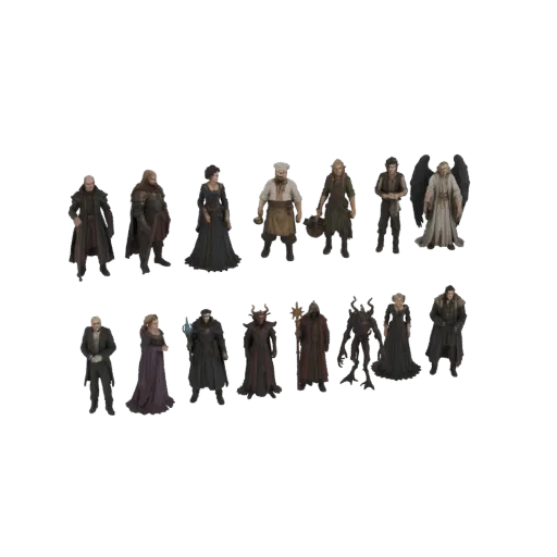 A collection of 14 dark fantasy character 3D models arranged in two rows, featuring demons, robed figures, and warriors.