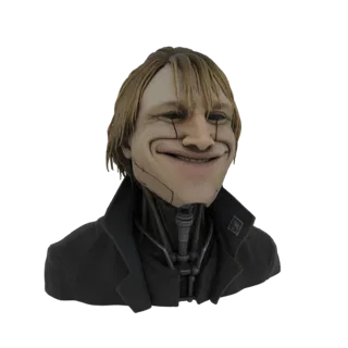 Modèle 3D d'un buste d'androïde cyberpunk avec un large sourire exagéré et des composants de cou mécaniques visibles, portant