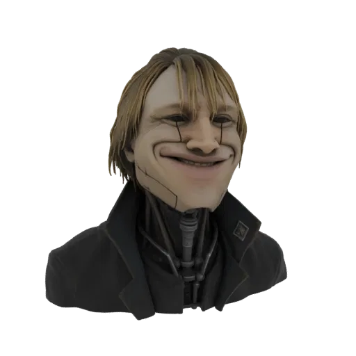 Modello 3D di busto di androide cyberpunk con un sorriso ampio ed esagerato e componenti meccanici visibili sul collo, che in