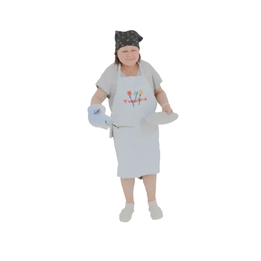 Modelo 3D de mujer con delantal blanco, manopla azul y sosteniendo un plato blanco, con un pañuelo en la cabeza.