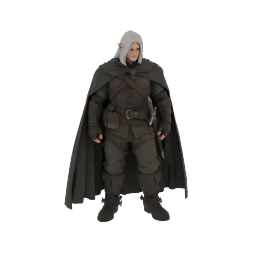 3D model of a fantasy elf ranger with white hair, wearing a dark cloak and leather armor, with a sword at their hip.