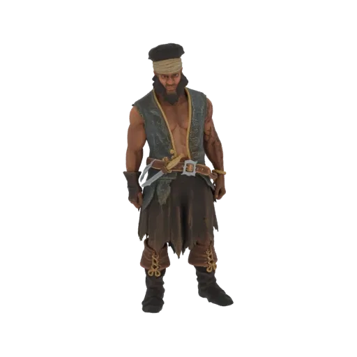 Rendu 3D d'un Capitaine Pirate robuste avec bandana, gilet et jupe déchirée, tenant un poignard.