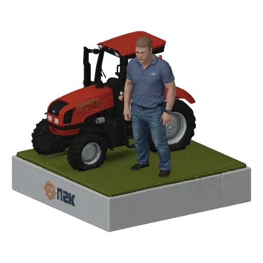 3D model of a red tractor and a farmer figure standing on a green grassy base, with a logo on the front of the base.