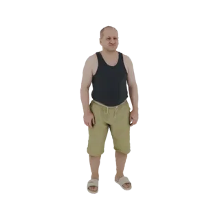 3D-Modell eines Mannes in einem dunklen Tanktop und khakifarbenen Shorts, stehend mit den Händen an den Seiten.