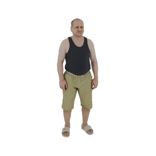 Modelo 3D de um homem com regata escura e shorts cáqui, em pé com as mãos ao lado do corpo.