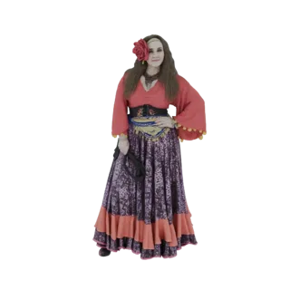 Modelo 3D de uma Cigana Adivinha em traje colorido, segurando um chicote, com uma rosa vermelha no cabelo.