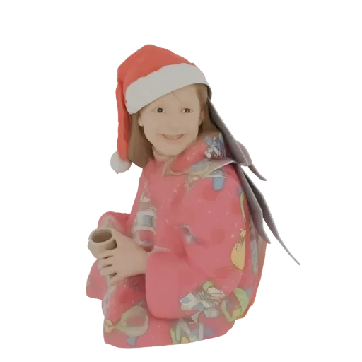 3D model of a young fairy girl wearing a red Santa hat and a pink robe with colorful illustrations, holding a small brown mug