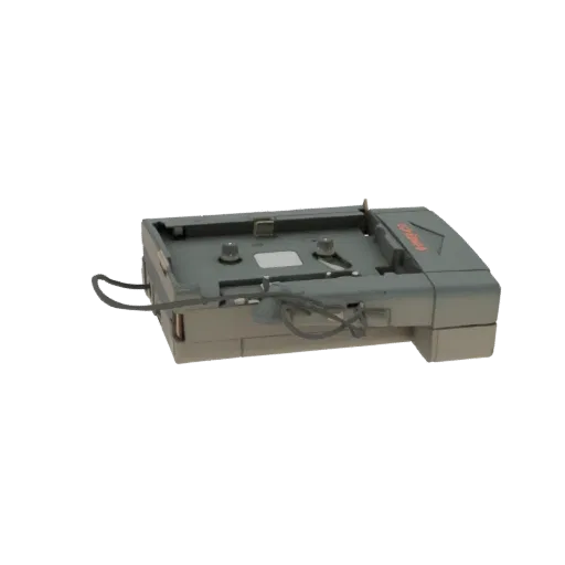 3D model of a vintage portable cassette player with a grey casing, open cassette deck, and integrated microphone, set against