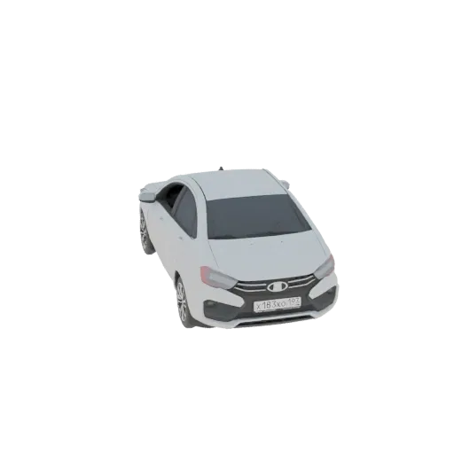 Top-down angled view of a white sedan car 3D model with a license plate.