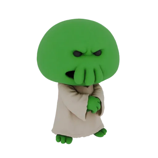 3D model of a grumpy green alien with black eyes, a furrowed brow, tentacles around its mouth, wearing a beige robe, and cros