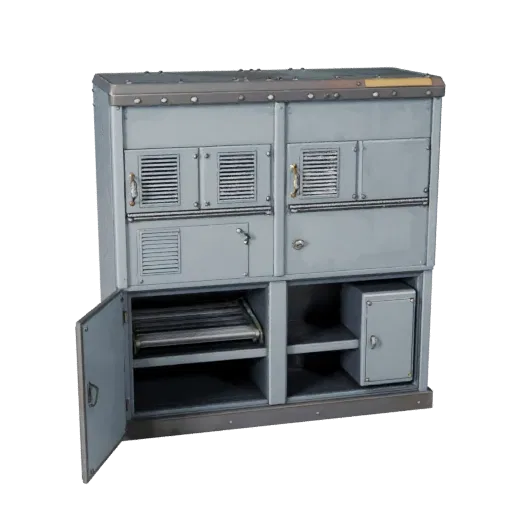 Assembly Control Cabinet Stylized 3D model, stylized isometric render, showing painted steel, machine stations.