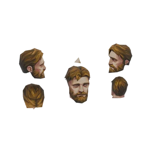 3D model of a stylized bearded man's head shown from front, side, and back views against a black background.