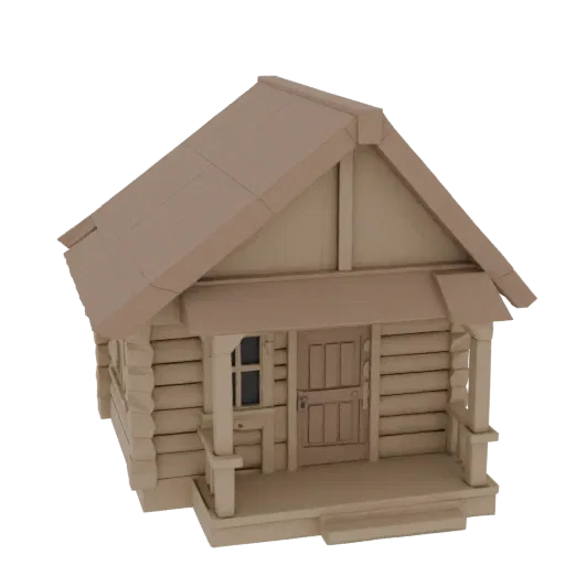 3D model of a rustic log cabin with log walls, a front porch, and a pitched roof, set against a white background.