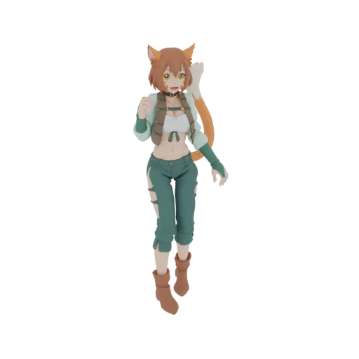 3D model of an anime fox girl with orange hair, fox ears, and tail, wearing a white crop top, green vest, and ripped green pa