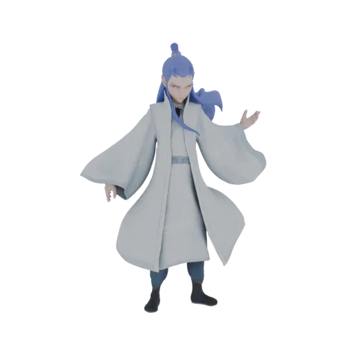 3D model of a blue-haired warrior character wearing a white robe and blue pants, with a determined expression.